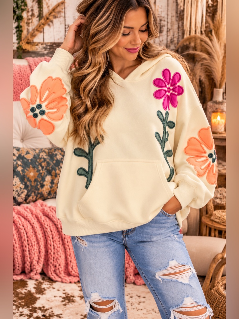 Ivory cream floral western bohemian boho embroidered Henley hoodie sweatshirt